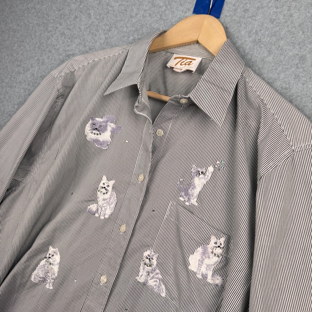 Vintage Tia Designs Shirt Women Large Black White Striped Cat Embroidered Button